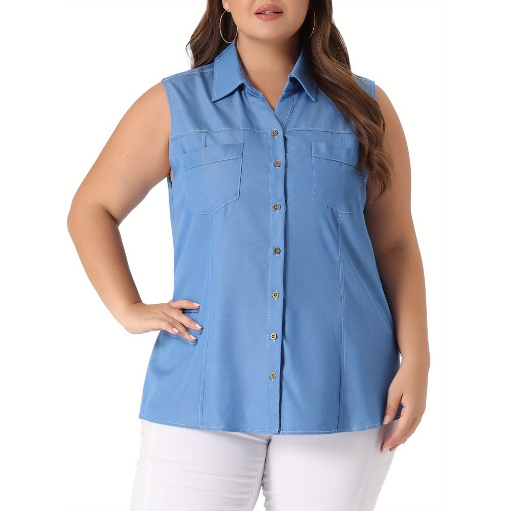Plus Size Chambray Tops for Women Sleeveless Button Work Shirts Chambray Blouses Summer