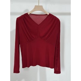 Plus Size - Elegant V-Neck Blouse with Ruched Detail - Long Sleeve, Solid Brown, Medium Stretch Fabric, Perfect for Evening Outfits, Ladies Blouses