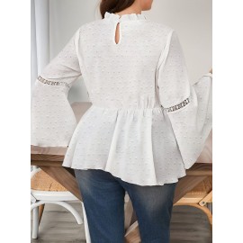 Plus Size - Women'S Elegant Solid Color Lace Trim Ruffle Sleeve Blouse - Plus Size Long Sleeve Round Neck Casual to Semi-Formal Shirt, Breathable Non-Stretch Fabric with Flared Bell Sleeves, Spring/Autumn Versatile Top for Everyday & Special Occasions, Easy-Care Durable Design, Spring Fashion, Autumn Outfit, Delicate Detailing, Lightweight Material, Stylish Shirt, Fashion Lovers, Office Wearers, Beautiful Blouse For Plus Size Women, Plus Size Women Clothes, Blouse Women