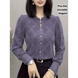 Plus Size - 1pc Elegant Lace Trim Long Sleeve Blouse for Women - Chic Round Neck, Non-Stretch Fabric, Floral Pattern, Perfect for Spring/Fall, Versatile Layering Piece, Spring Fashion Top | Floral Pattern Top | Nonstretch Material