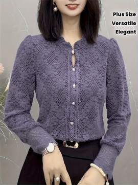 Plus Size - 1pc Elegant Lace Trim Long Sleeve Blouse for Women - Chic Round Neck, Non-Stretch Fabric, Floral Pattern, Perfect for Spring/Fall, Versatile Layering Piece, Spring Fashion Top | Floral Pattern Top | Nonstretch Material
