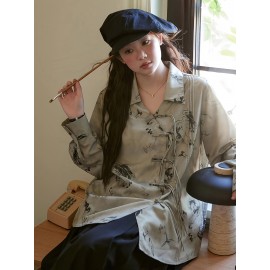 New Chinese Style Ruffle Button-Up Straight Ink Wash Shirt