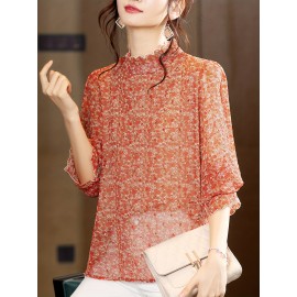Plus Size - Elegant Floral Print Chiffon Blouse with Ruffle Detail - Long Sleeve, High Neck, Lightweight & Versatile for Spring/Fall, Perfect for Casual or Formal Occasions, Ladies Blouses