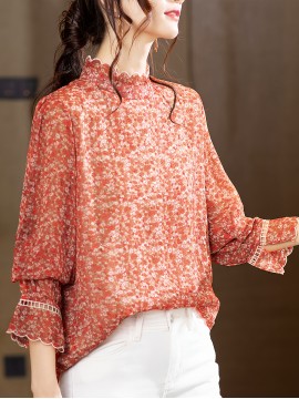 Plus Size - Elegant Floral Print Chiffon Blouse with Ruffle Detail - Long Sleeve, High Neck, Lightweight & Versatile for Spring/Fall, Perfect for Casual or Formal Occasions, Ladies Blouses