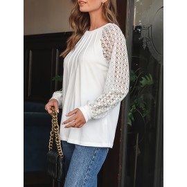 Plus Size, Women's Plus Size Lace Long Sleeve Shirt - Elegant Round Neck Pullover Top with Lace Trim, Lightweight Breathable Casual Blouse for Spring Summer Fall, Versatile for Jeans & Dresses, Lace Shirt, Seasonal Fashion, Sophisticated Pullover, Delicate Fabric, Fall Wardrobe, Soft Texture, Fashion Lovers