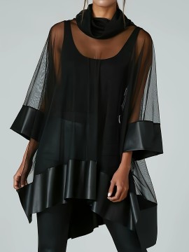 Plus Size, Women's Plus Size Elegant Blouse - Semi-Sheer Asymmetrical Shirt with Stack Neckline, Lightweight Chic Tops for Casual & Formal Events - Machine Washable Women's Clothing, Formal Attire, 3/4 Sleeve Design, Delicate Fabric