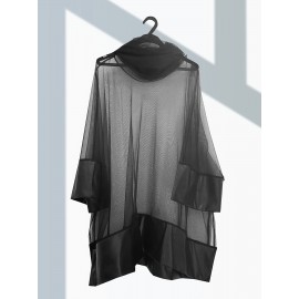 Plus Size, Women's Plus Size Elegant Blouse - Semi-Sheer Asymmetrical Shirt with Stack Neckline, Lightweight Chic Tops for Casual & Formal Events - Machine Washable Women's Clothing, Formal Attire, 3/4 Sleeve Design, Delicate Fabric