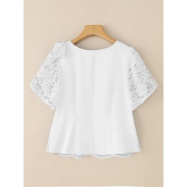 Plus Size, ZANZEA Women's Elegant Lace Patchwork Blouse - Short Sleeve Lace Collar & Sleeve Trim, Semi-Sheer Lace Panel Lightweight Summer Wedding Guest Dress Shirt, Plus Size Round Neck Blouse () for Party, Office, Casual - Machine