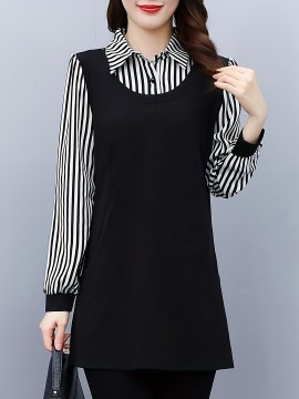 Plus Size, 1pc black and white striped spliced top, fashionable casual style, tummy-covering effect, suitable for daily wear in mid-to-senior age/autumn-winter season, plus-size Women's midi-length base layer shirt