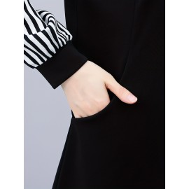 Plus Size, 1pc black and white striped spliced top, fashionable casual style, tummy-covering effect, suitable for daily wear in mid-to-senior age/autumn-winter season, plus-size Women's midi-length base layer shirt