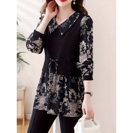 [Floral Print Blouse] Plus Size, Plus Size Floral Print Long Sleeve Shirt - Elegant Loose Fit H-Line Blouse With Contrast Collar & Drawstring Waist, Machine Washable Spring/Fall Top For Women, Casual Chic Wear, Sophisticated Pullover, Quality Casualwear