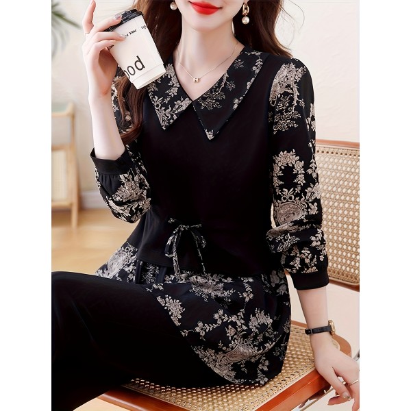 [Floral Print Blouse] Plus Size, Plus Size Floral Print Long Sleeve Shirt - Elegant Loose Fit H-Line Blouse With Contrast Collar & Drawstring Waist, Machine Washable Spring/Fall Top For Women, Casual Chic Wear, Sophisticated Pullover, Quality Casualwear