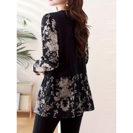 [Floral Print Blouse] Plus Size, Plus Size Floral Print Long Sleeve Shirt - Elegant Loose Fit H-Line Blouse With Contrast Collar & Drawstring Waist, Machine Washable Spring/Fall Top For Women, Casual Chic Wear, Sophisticated Pullover, Quality Casualwear