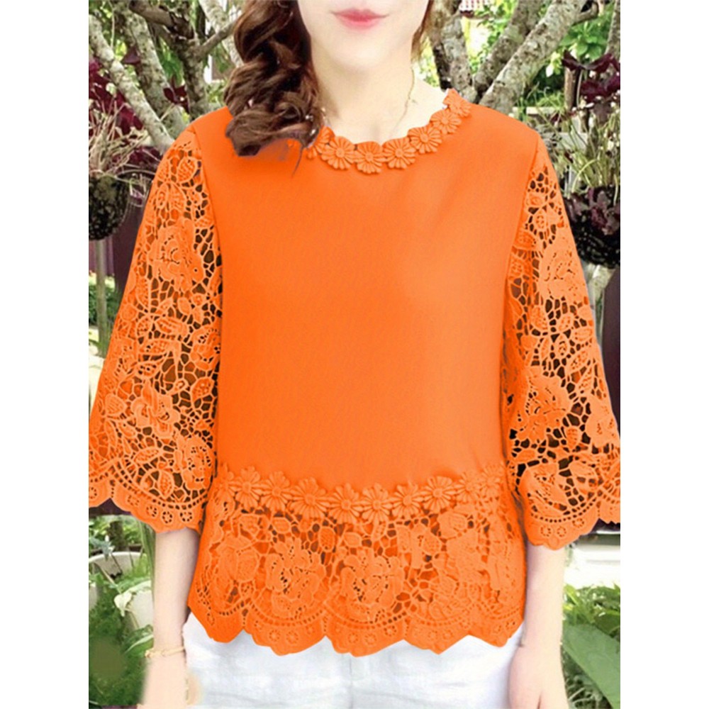 [Elegant Oversized Blouse] Plus Size, ZANZEA Women's Plus Size Elegant Oversized Blouse - Lightweight Short Sleeve-Like 3/4 Sleeve Crew Neck Shirt, Wrinkle-Resistant White & Colors, Structured Collar, Machine Washable - Office, Commuter & Casual Wear (No Stretch)