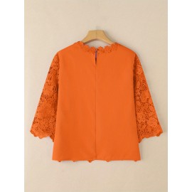 [Elegant Oversized Blouse] Plus Size, ZANZEA Women's Plus Size Elegant Oversized Blouse - Lightweight Short Sleeve-Like 3/4 Sleeve Crew Neck Shirt, Wrinkle-Resistant White & Colors, Structured Collar, Machine Washable - Office, Commuter & Casual Wear (No Stretch)