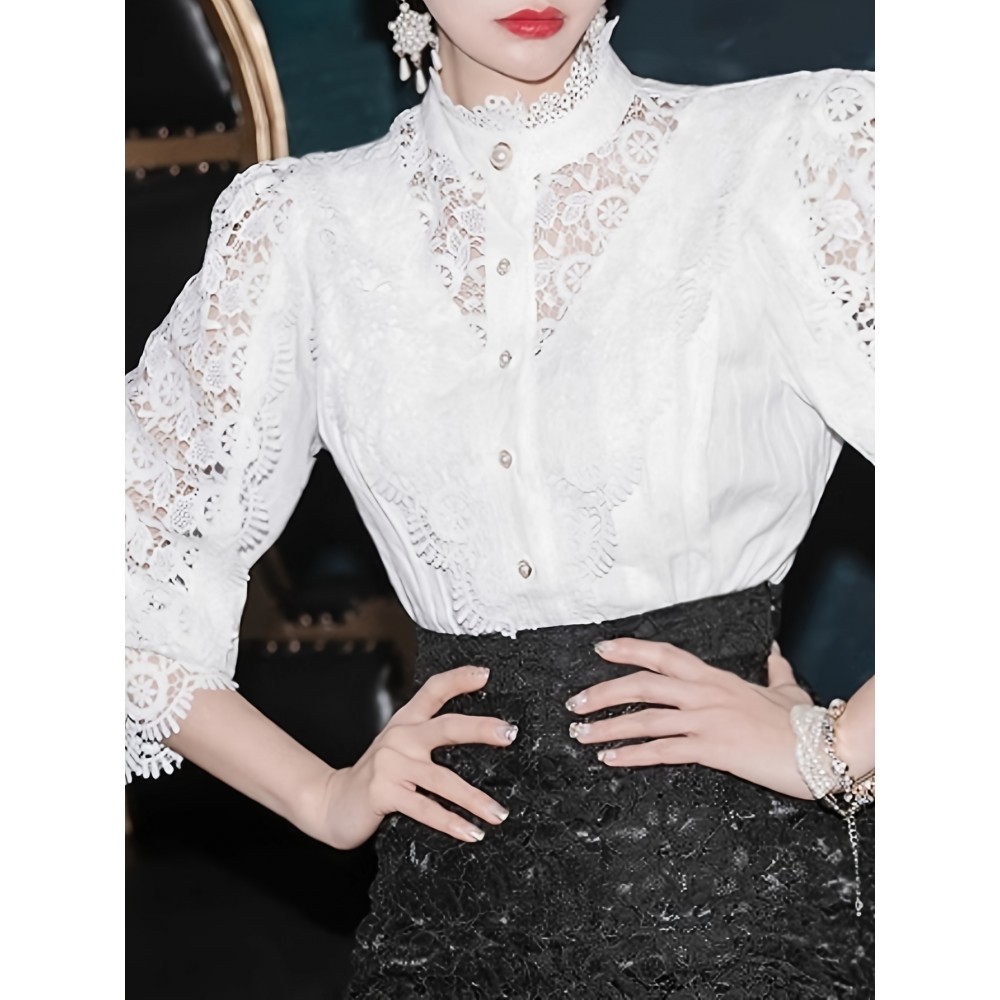 Fashion, Moderate, Luxury, Queen, New Socialite, Lady, Lace, Cut-out, Stand-up Collar, Temperament, High-end Shirt Top