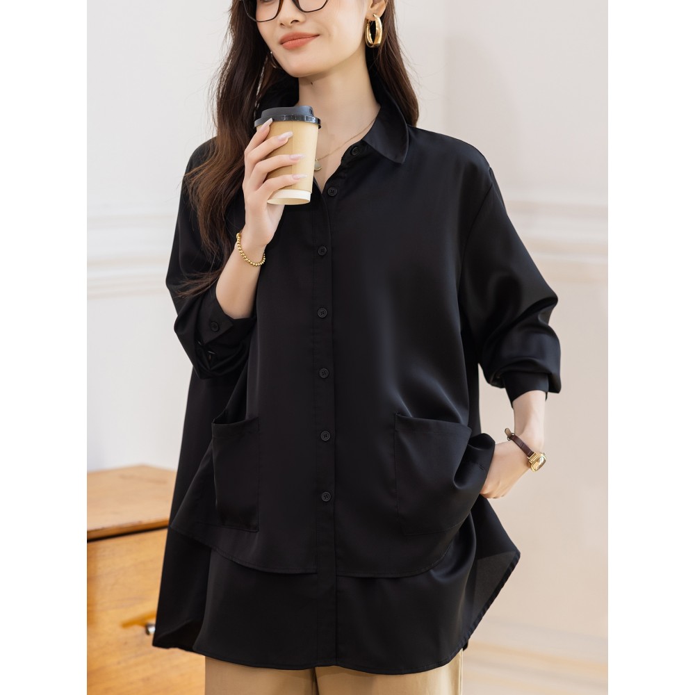 Plus Size, BOHC Women's Oversized Tunic Shirt - Longline Collar Blouse with Button Front Closure, Solid Black Floor-Length or Above-Knee Length Options, Structured Fit for Spring/Fall Casual & Formal Wear, Minimalist Elegant Blouse for Women (Hand Wash/Dry Clean) - New Relaxed Fit Tunic with Button-Up Front, Smooth Texture & Solid Color Design, Suitable for Layering or Standalone Wear, Clothes for Women, Plus Size Lace Blouse, Blouses for Women High Quality,