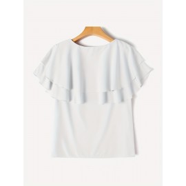 [Short Sleeve Ruffle Blouse] Elegant Plus Size Women's Blouse - Casual Short Sleeve with Ruffle Detail, Solid Color, Non-Stretch Polyester - Perfect for Spring/Summer