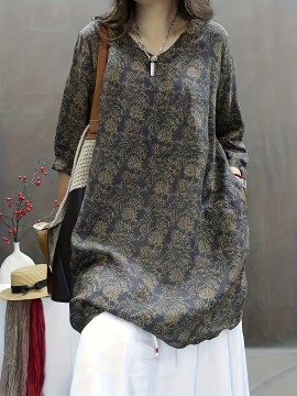 Plus Size, Women's Elegant V-Neck Long Sleeve Blouse - Olive Green & Beige Abstract Floral Print, Loose Fit Soft Lightweight Shirt with V-Neck & Slit Hem, All-Season Casual to Semi-Formal Blouse for Everyday & Formal Wear, Machine Washable (Green/Beige) - Relaxed Fit with Digital Print, Structured Collar & Open Hem, Suitable for Layering, Versatile for Casual or Formal Outfits, Plus Size Women Blouses, Plus Size Women Tops, Blouses For Women Plus Size,
