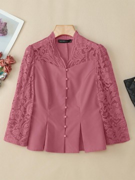 Plus Size - ZANZEA Women'S Elegant Lace Patchwork V-Neck Blouse - Long Sleeve, Front Button Closure, Waist Split Hem, Solid Color for Office, Evening, Women Elegant Floral Lace Trim Blouse, Women Elegant Floral Lace Trim Top
