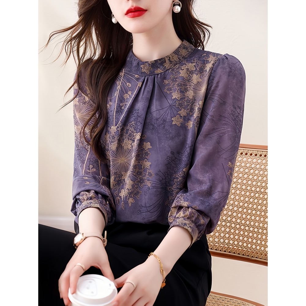 Plus Size - Elegant Long Sleeve Floral Print Blouse for Women - Chic Round Neck, Non-Stretch Fabric, Versatile All-Season Top with Puffed Sleeves, Perfect for Casual or Formal Occasions, Versatile Fashion | Floral Print Blouse | Nonstretch Fabric, Blouse For Women/plus Size/large Size, Women Top And Blouse