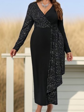 Plus Size, European and American Fashion Halloween Christmas Holiday Style Glowing Fabric Patchwork Long Sleeve Plus Size Dress, Halloween Plus Size Women