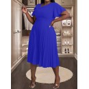 [Royal Blue Midi Dress] Stretchy Polyester Blend Royal Blue Midi Dress | Elegant Pleated with Ruffle Sleeves & Asymmetrical Neckline - Perfect for Summer Parties & Casual Outfits