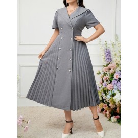 Elegant Pleated Midi Dress, Polyester 95% Spandex 5% Blend, Short Sleeve Tunic with Contrast Lapel Collar, Loose Fit Solid Color, Non-Stretch Fabric, Spring/Summer Casual Weekend Wear