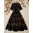 Plus Size, Women's Elegant Short Sleeve Round Neck Lace Detail A-Line Midi Dress with Button Front Closure & Elastic Waist - Machine Washable Solid Color Plus Size Party & Casual Dress