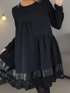 Plus Size, Plus Size Women's Elegant Black Dress with Lace Trim - Flared Skirt, Round Neck, All-Season Versatile Fit & Flared Silhouette for Casual to Formal Occasions, Evening Wear, Sophisticated Style, Quality Stitching, Stylish Ladies