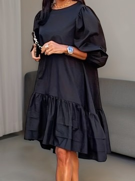 [Elegant Plus Size Dress] Elegant Plus Size Women's French-Inspired Summer Dress | Sleeveless Ruffled Hem Bodycon with Golden Chain Strap, Solid Color Round Neck for Spring/Summer Casual Wear, Cute Dresses