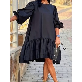 [Elegant Plus Size Dress] Elegant Plus Size Women's French-Inspired Summer Dress | Sleeveless Ruffled Hem Bodycon with Golden Chain Strap, Solid Color Round Neck for Spring/Summer Casual Wear, Cute Dresses