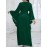 Elegant Plus Size Women'S Long Dress - Solid Color Green, Crew Neck, with Belt and Shoulder Sleeves, Flowing Design for Spring/Fall, Polyester Fabric, Casual Elegance | Belted Waist Dress | Glossy Textur