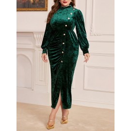 Plus Size - Autumn Winter Women'S Slim Fit Long Sleeve Velvet Dress - Stand Collar Solid Color Ruched Bodycon Pencil Skirt, Large Size Formal Party Evening Dress, Evening Wear, Elegant Design, Highquality Material