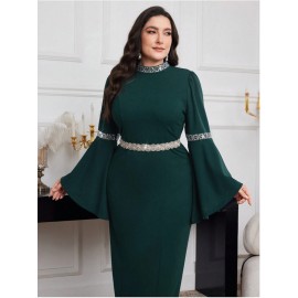 [Plus Size Bell Sleeve Dress] Elegant Plus Size Bell Sleeve Dress - Stretchy & Form-Fitting, Solid Color, Crew Neck, Perfect for Spring/Summer/Fall, Women's Fashion, Sophisticated Style, Elegant Event Attire