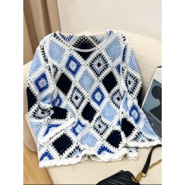 Plus Size - Women'S Bohemian Style Crochet Top - Lightweight Hollow Round Neck Sweater with Blue & Black Color Block Design, Long Sleeve Pullover for Fall/Winter
