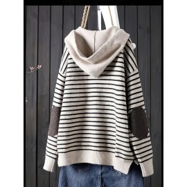 Plus Size, Plus Size Women's Elegant Oversized Hooded Sweater - Beige & Black White Striped Cardigan Jacket, Soft -like Texture Pullover for Spring/Fall Layering, Casual to Dressy Wear (No)