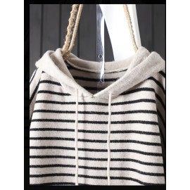 Plus Size, Plus Size Women's Elegant Oversized Hooded Sweater - Beige & Black White Striped Cardigan Jacket, Soft -like Texture Pullover for Spring/Fall Layering, Casual to Dressy Wear (No)