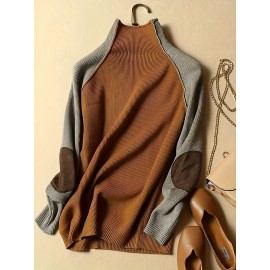 Plus Size, Women's Oversized Layering Sweater - Winter Warm High Neck Turtleneck Pullover, Brown/Beige//Gray, Hand Washable Thick Sweater for Fall & Winter, Casual & Office Wear, Plus Size Friendly Cozy Sweating-Free Base Layer