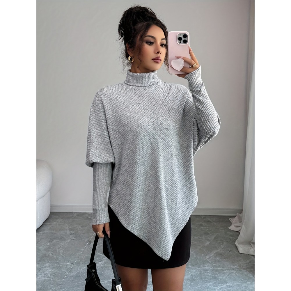 Plus Size, Plus Size Women's Oversized Winter Sweater - Elegant High Neck Batwing Sleeve Pullover, Soft Grey Tunic Top, Cozy Long Sleeve Blouse for Fall & Winter Layering (Machine Washable)