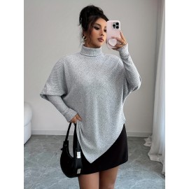 Plus Size, Plus Size Women's Oversized Winter Sweater - Elegant High Neck Batwing Sleeve Pullover, Soft Grey Tunic Top, Cozy Long Sleeve Blouse for Fall & Winter Layering (Machine Washable)