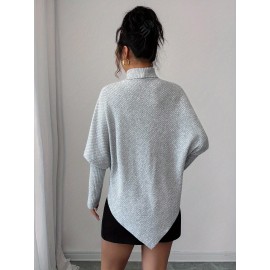 Plus Size, Plus Size Women's Oversized Winter Sweater - Elegant High Neck Batwing Sleeve Pullover, Soft Grey Tunic Top, Cozy Long Sleeve Blouse for Fall & Winter Layering (Machine Washable)