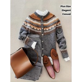 Plus Size - Plus Size Women'S Elegant Sweater - Soft Stretchy Winter Coat with Geometric Pattern, Long Sleeve Round Neck Casual Outerwear, Cozy Fall & Winter Wear, Cozy Winter Wear | Geometric Pattern Sweater | St