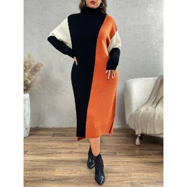 Plus Size, Women's Oversized High-Neck Sweater Dress - Casual Elegant Color Block (Olive Green/Black/White) A-Line Silhouette with Long Sleeves, Cozy Fall Winter & Spring Layering Dress for Plus Size Women, Hand Washable