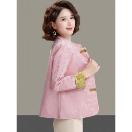 Plus Size - Plus Size, Women'S Chinese Cheongsam Coat - Elegant Vintage Tang Suit Jacket with Pastel pink & Golden Floral pattern, Non-Stretch Fabric, Button Front Closure, Traditional Cultural Formal & Everyday Chic Outerwear for Chinese New Year, Weddings, Cultural Events - Ready-to-Wear Women'S Clothing, Wedding Attire, Nontransparent Material, Festive Wear, Durable Construction, Plus Size Women