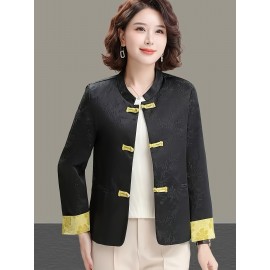 Plus Size - Plus Size, Women'S Chinese Cheongsam Coat - Elegant Vintage Tang Suit Jacket with Pastel pink & Golden Floral pattern, Non-Stretch Fabric, Button Front Closure, Traditional Cultural Formal & Everyday Chic Outerwear for Chinese New Year, Weddings, Cultural Events - Ready-to-Wear Women'S Clothing, Wedding Attire, Nontransparent Material, Festive Wear, Durable Construction, Plus Size Women