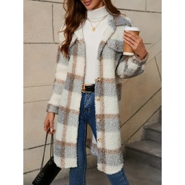 [Faux Fur Coat] Women's Casual Plaid Faux Fur Coat with Button Front & Lapel Collar - Machine Washable All-Season Outerwear Beige/White/Brown/Gray/Black, Casual Attire, Stylish Jacket, Cozy Fabric, Buttonup Jacket, Fashion Lovers