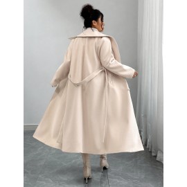 [Women's Outerwear] Plus Size Elegant Winter Coat - Women's Double-Breasted Asymmetrical Jacket with Belted Waist | Long Sleeve Trench Coat (Black) | Machine Washable for Weddings & Formal Events