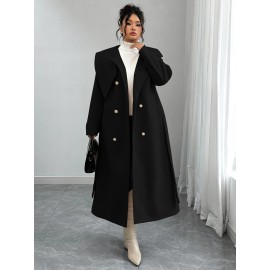 [Women's Outerwear] Plus Size Elegant Winter Coat - Women's Double-Breasted Asymmetrical Jacket with Belted Waist | Long Sleeve Trench Coat (Black) | Machine Washable for Weddings & Formal Events