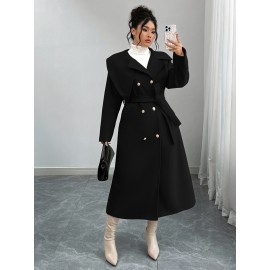 [Women's Outerwear] Plus Size Elegant Winter Coat - Women's Double-Breasted Asymmetrical Jacket with Belted Waist | Long Sleeve Trench Coat (Black) | Machine Washable for Weddings & Formal Events